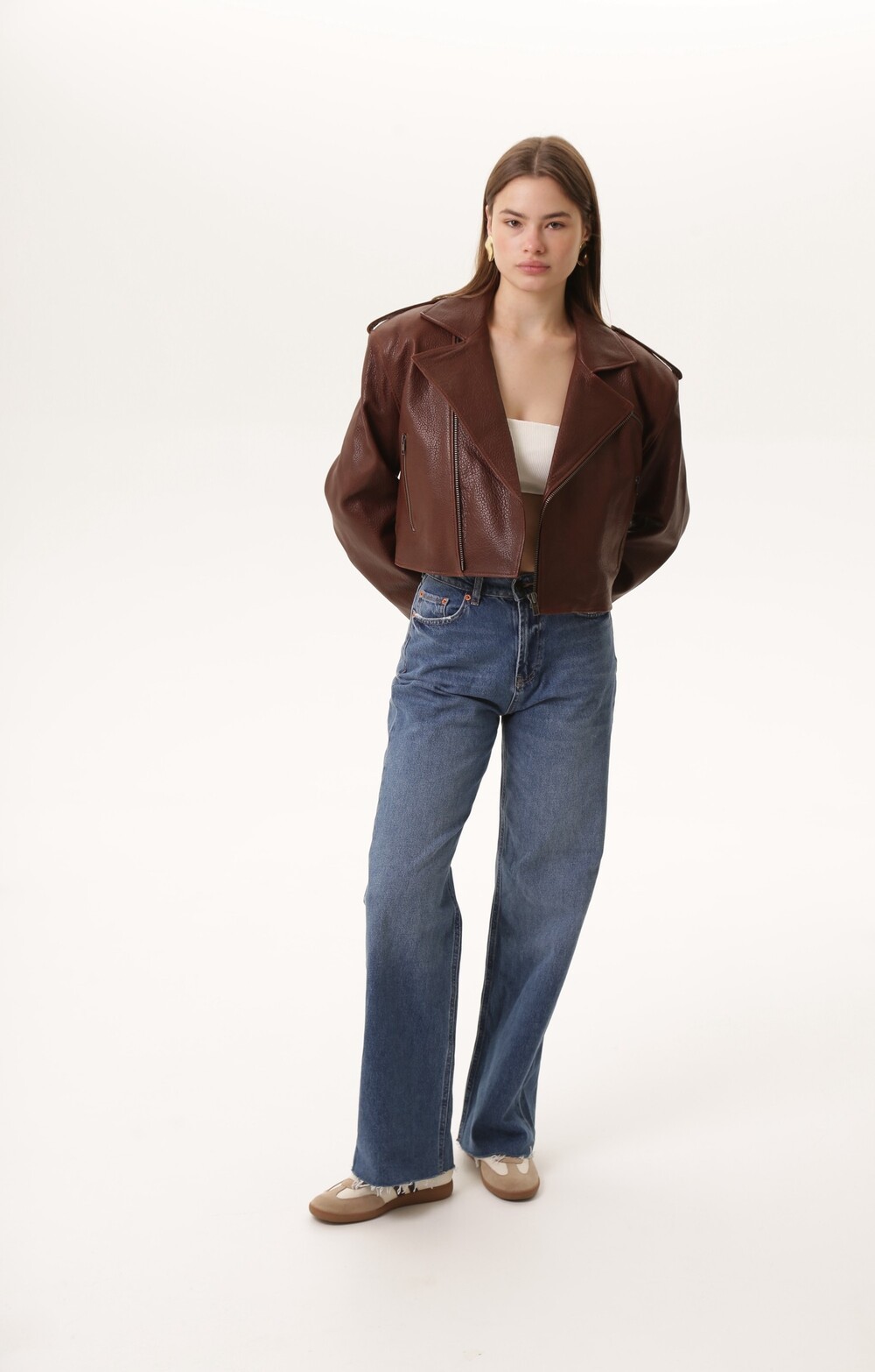 Biker jacket made of genuine leather, brown