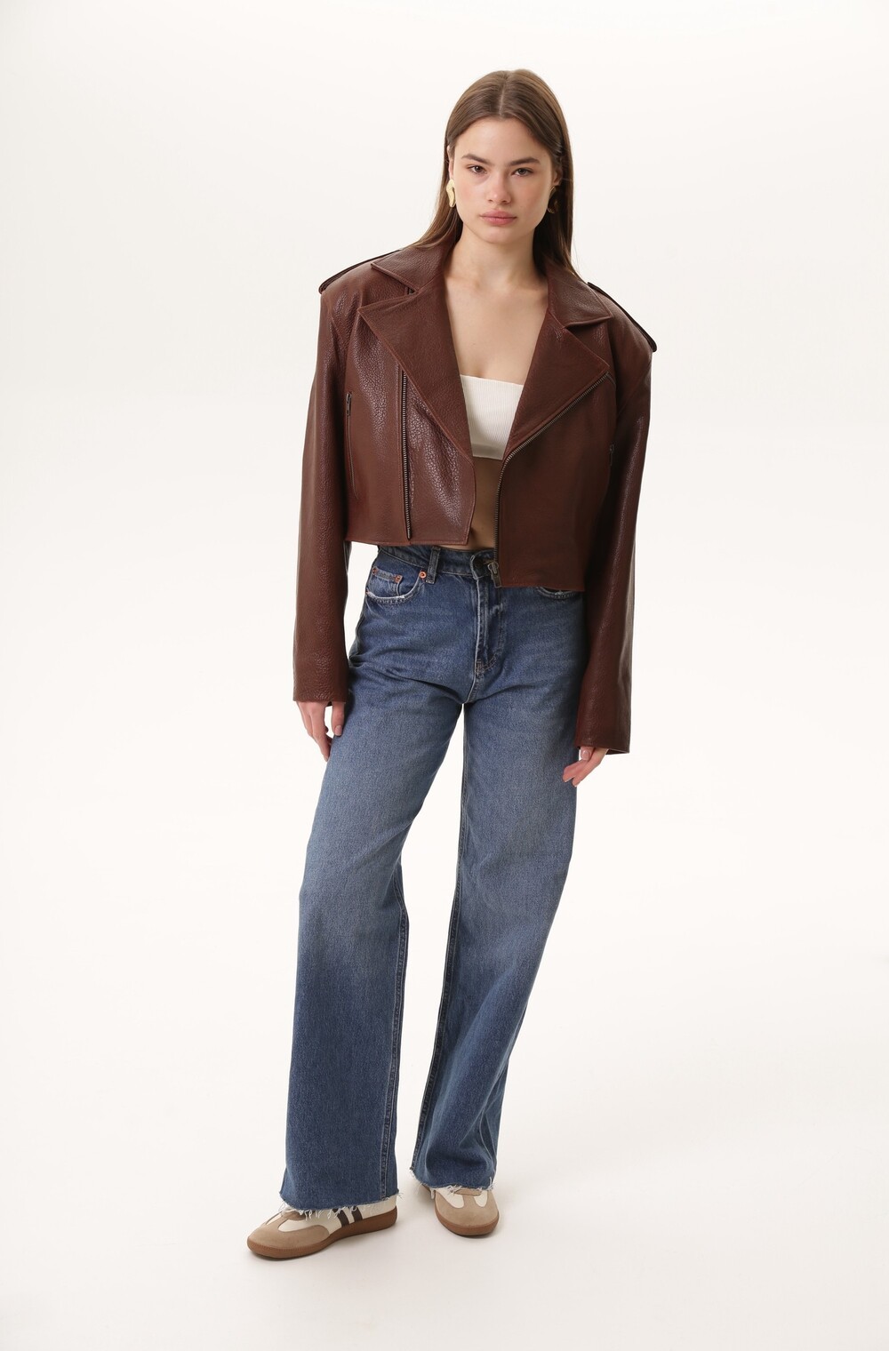 Biker jacket made of genuine leather, brown