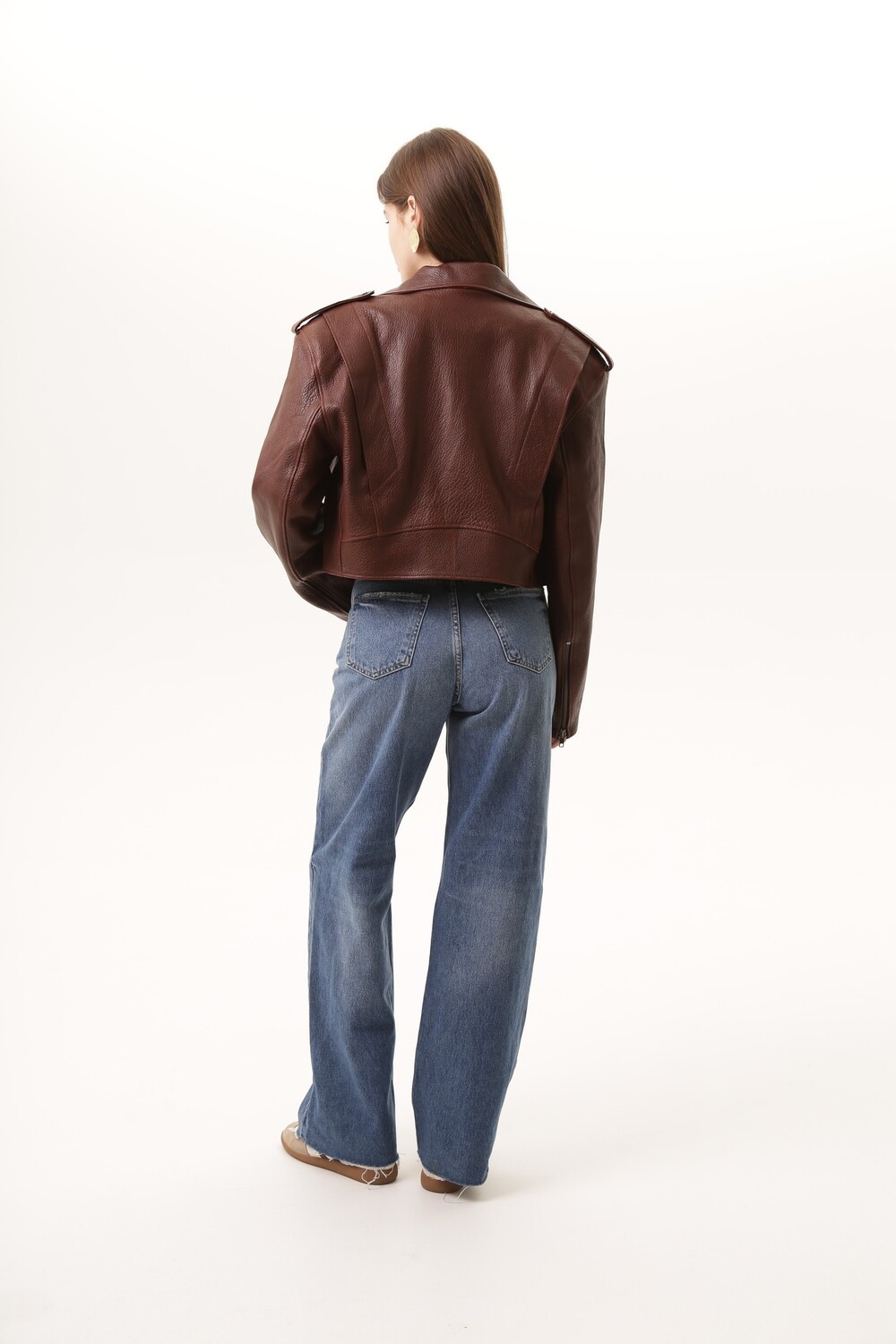 Biker jacket made of genuine leather, brown