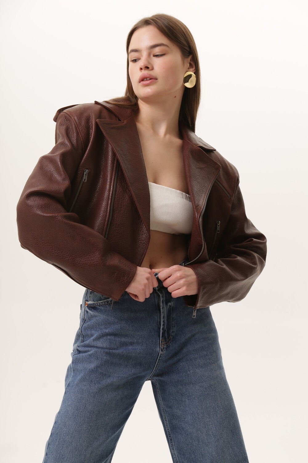 Biker jacket made of genuine leather, brown