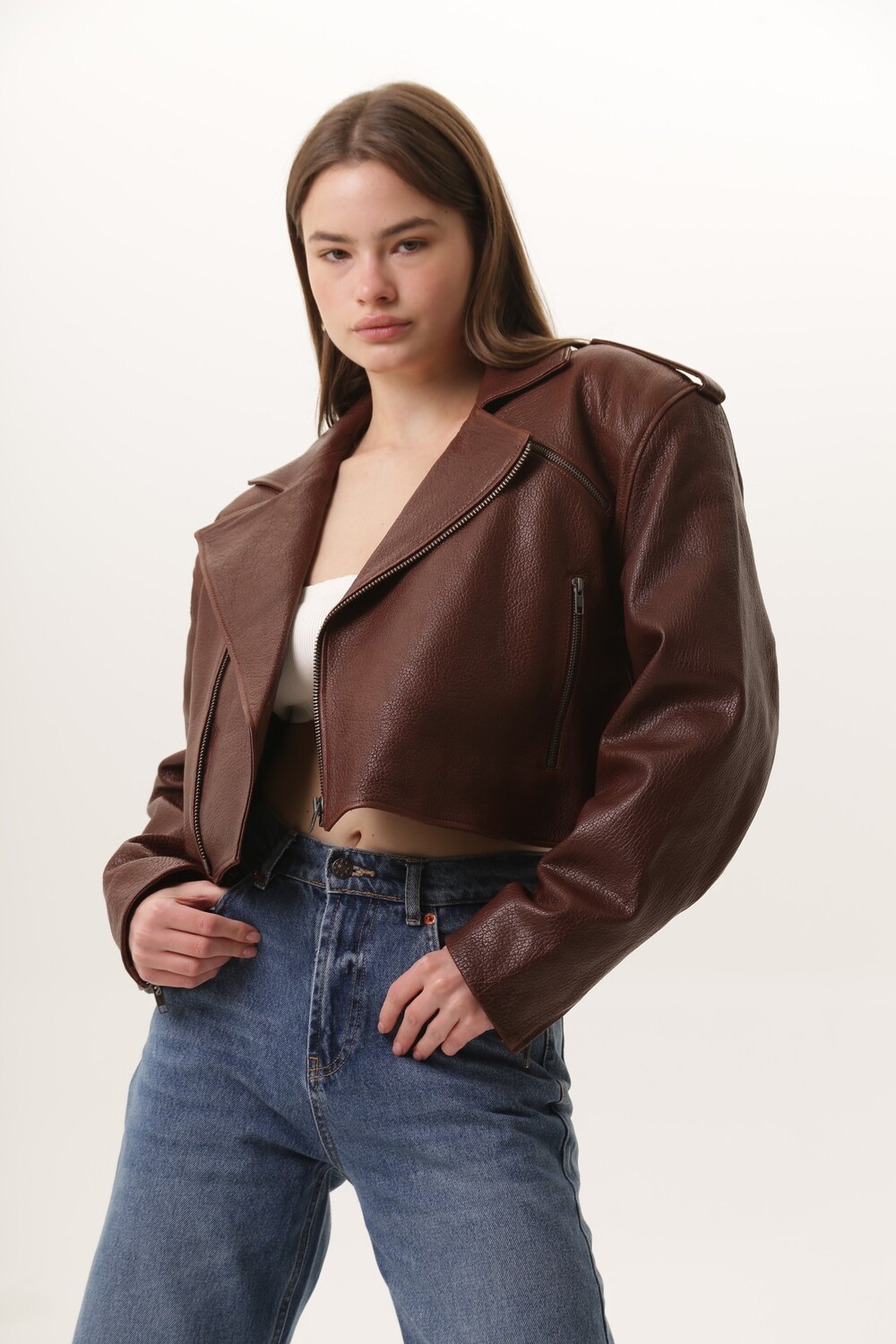 Biker jacket made of genuine leather, brown