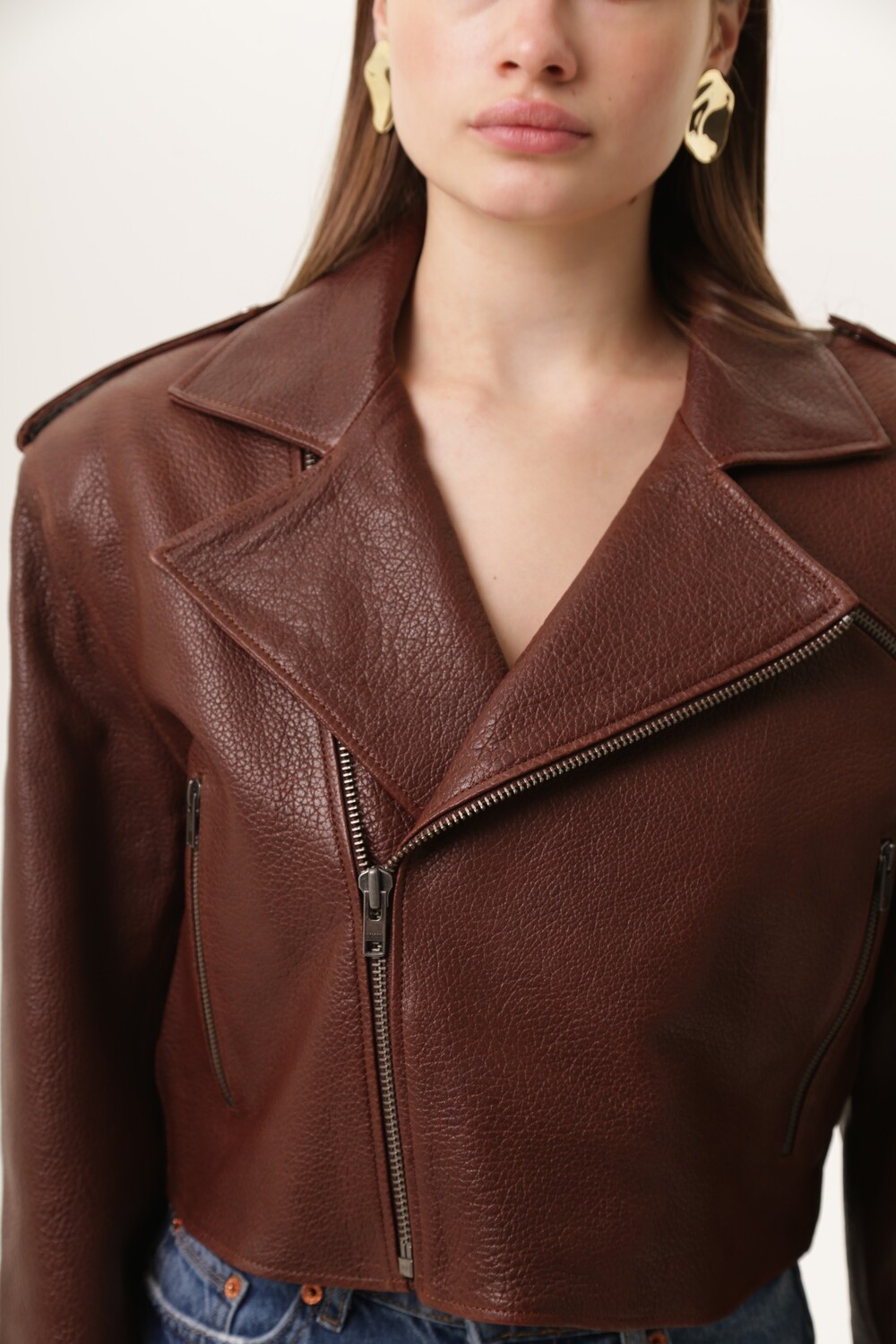 Biker jacket made of genuine leather, brown