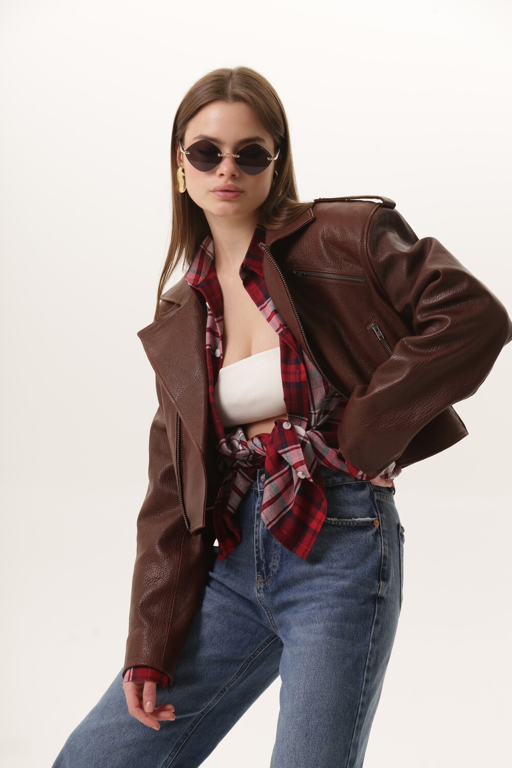 Biker jacket made of genuine leather, brown